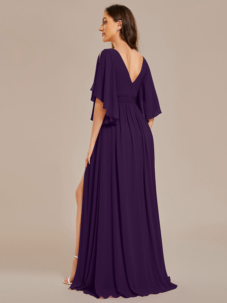 Charmante Robe De Demoiselle D'honneur Plissée À Manches Lanternes En Mousseline De Soie Et Taille Haute #Couleur_Violet Fonce
