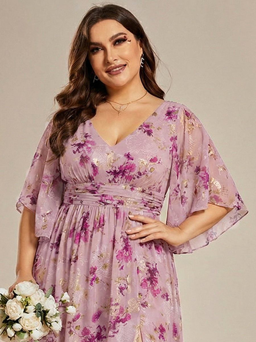 Robe Curvy en mousseline plissée Col V manches mi-longues #Couleur_Imprimé Violet Clair