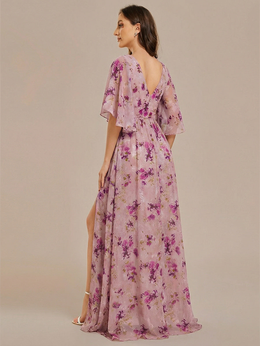 Robe Curvy en mousseline plissée Col V manches mi-longues #Couleur_Imprimé Violet Clair