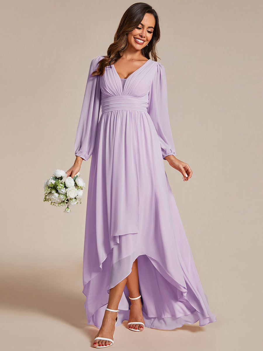 Charmante Robe De Demoiselle D'honneur Plissée à Manches Lanternes En Mousseline De Soie Et Taille Haute #Couleur_Lilas Givré