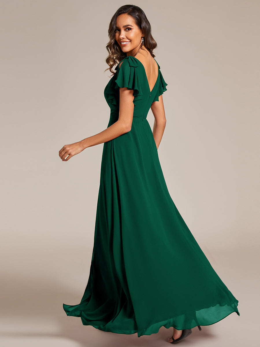 Robe de demoiselle d'honneur trapèze en mousseline à manches courtes avec n?ud papillon et fente haute sur le devant #Couleur_Vert Fonce