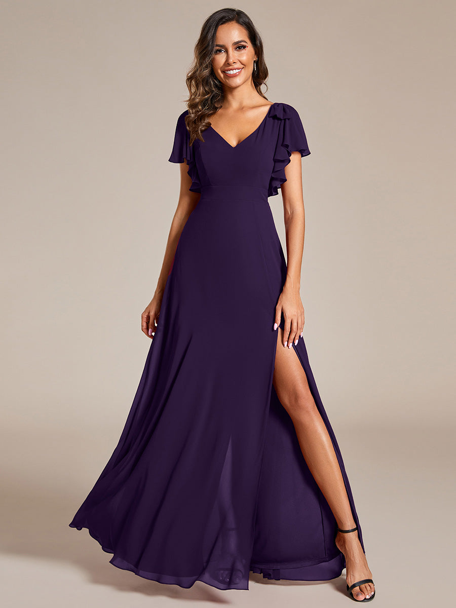 Robe de demoiselle d'honneur trapèze en mousseline à manches courtes avec n?ud papillon et fente haute sur le devant #Couleur_Violet Fonce
