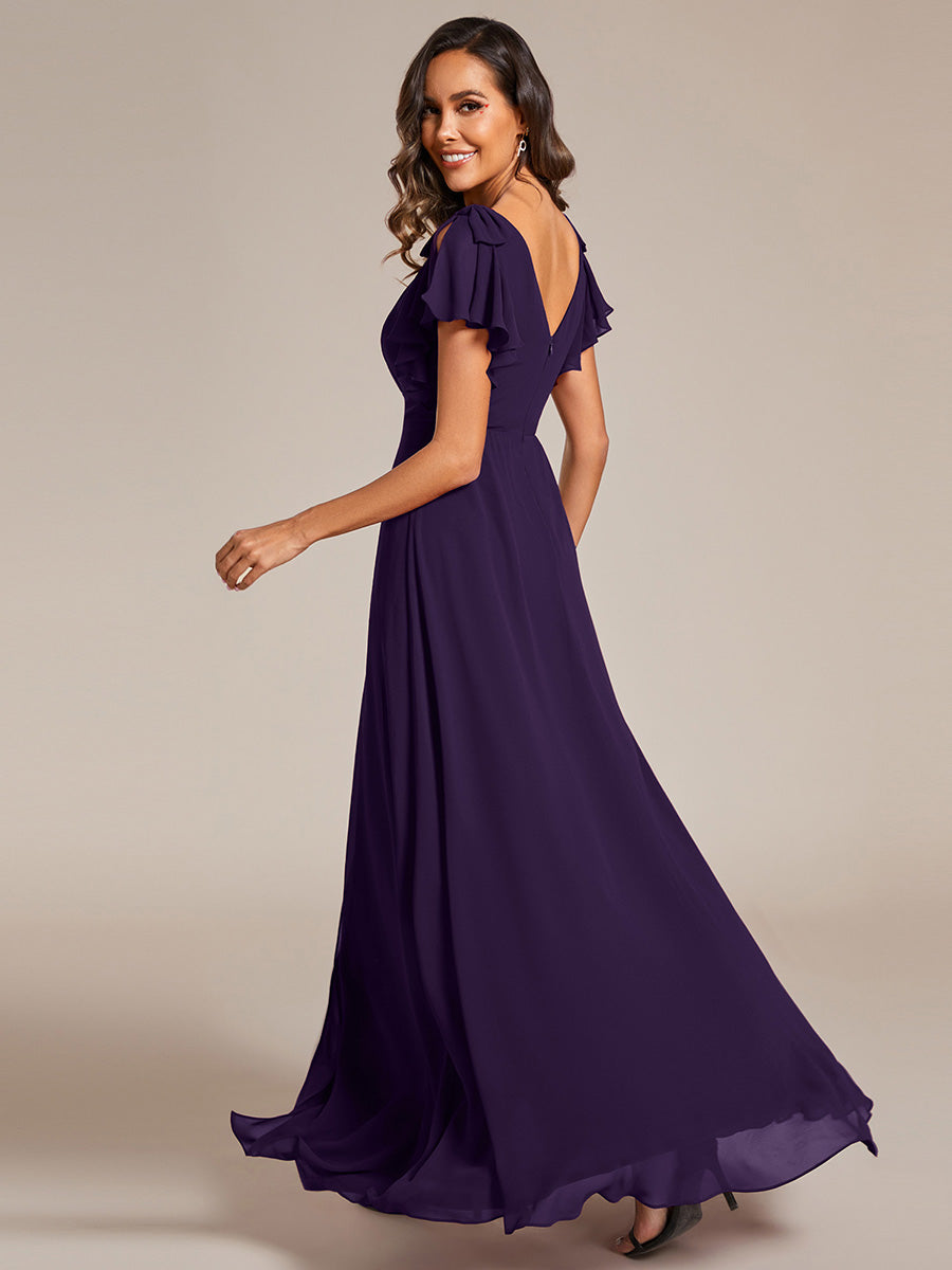 Robe de demoiselle d'honneur trapèze en mousseline à manches courtes avec n?ud papillon et fente haute sur le devant #Couleur_Violet Fonce