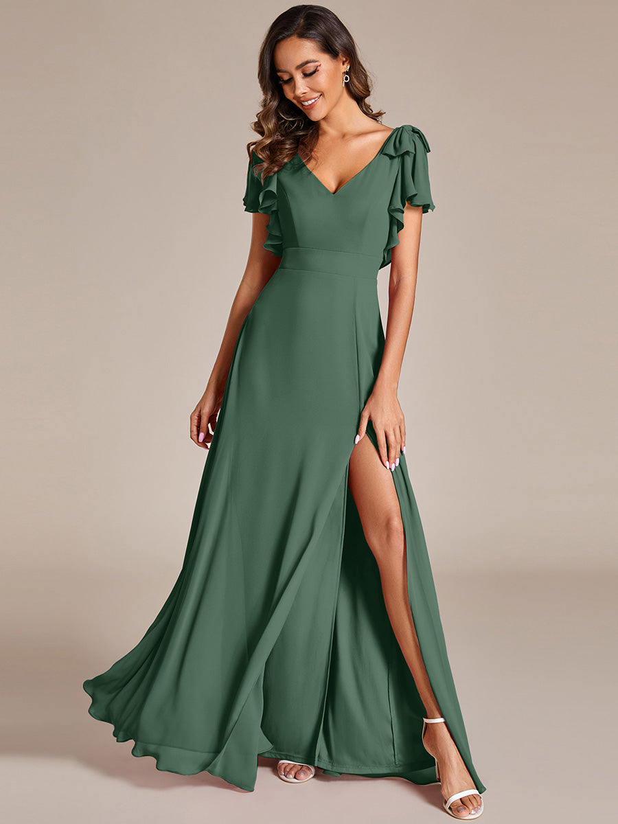 Robe de demoiselle d'honneur trapèze en mousseline à manches courtes avec n?ud papillon et fente haute sur le devant #Couleur_Eucalyptus