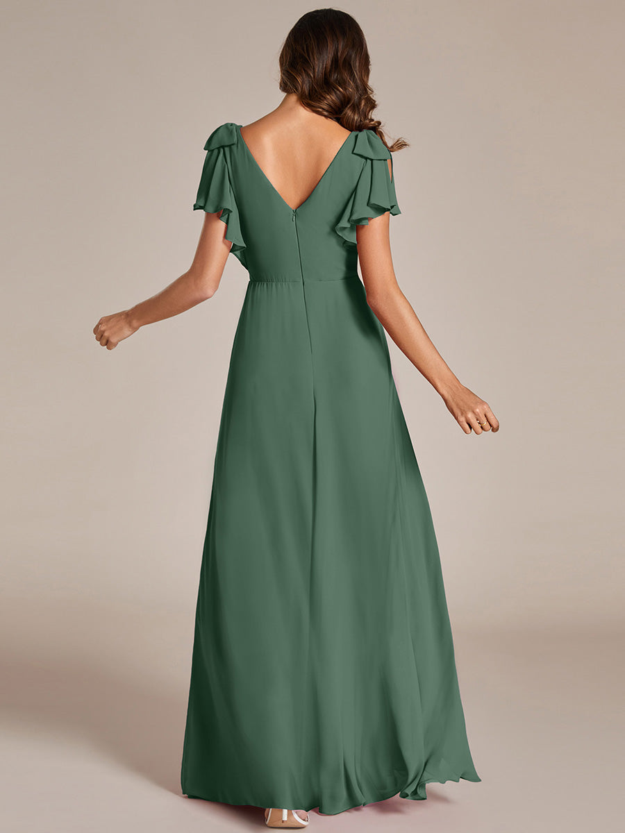 Robe de demoiselle d'honneur trapèze en mousseline à manches courtes avec n?ud papillon et fente haute sur le devant #Couleur_Eucalyptus