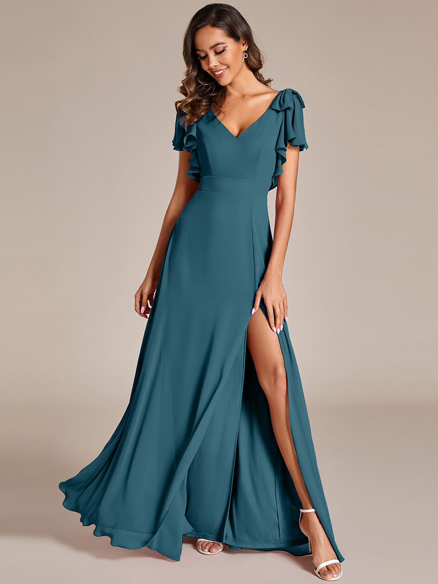 Robe de demoiselle d'honneur trapèze en mousseline à manches courtes avec n?ud papillon et fente haute sur le devant #Couleur_Bleu Sarcelle