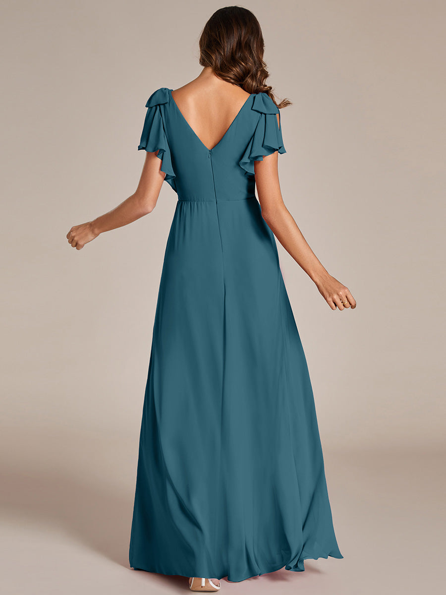 Robe de demoiselle d'honneur trapèze en mousseline à manches courtes avec n?ud papillon et fente haute sur le devant #Couleur_Bleu Sarcelle