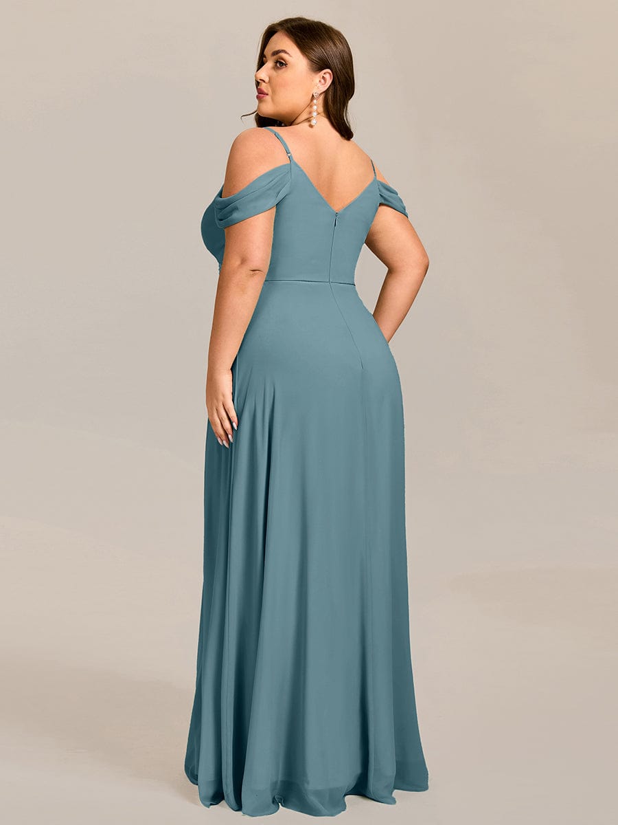 Robe d'invité de mariage trapèze en mousseline fluide à encolure ronde et longueur au genou #Couleur_Bleu Fume