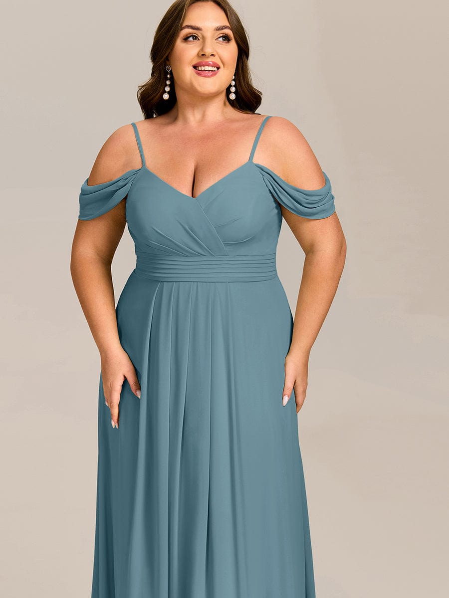 Robe d'invité de mariage trapèze en mousseline fluide à encolure ronde et longueur au genou #Couleur_Bleu Fume