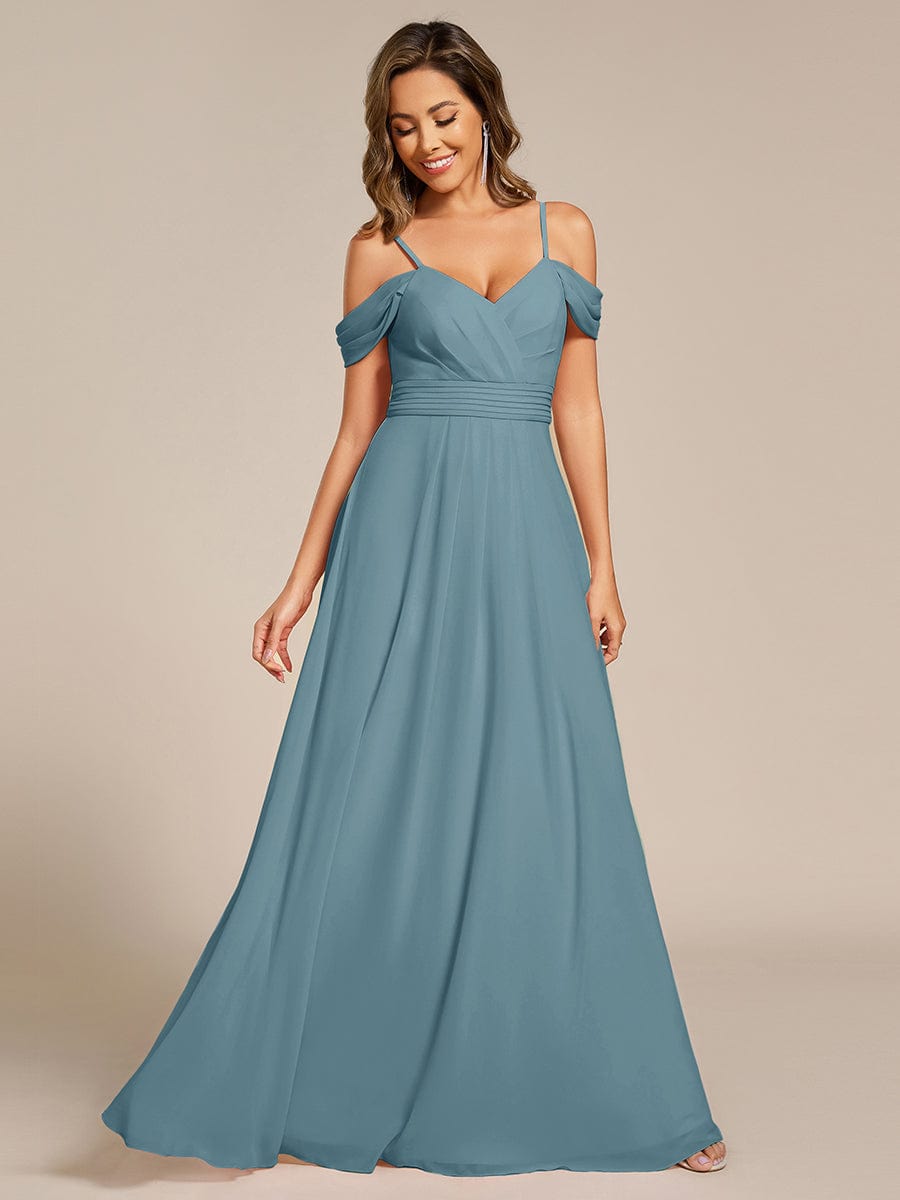 Robe d'invité de mariage trapèze en mousseline fluide à encolure ronde et longueur au genou #Couleur_Bleu Fume