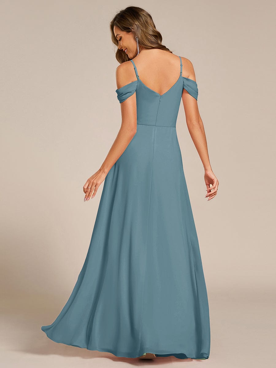 Robe d'invité de mariage trapèze en mousseline fluide à encolure ronde et longueur au genou #Couleur_Bleu Fume