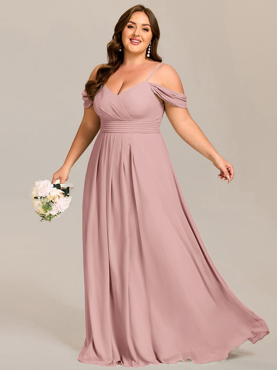 Robe d'invité de mariage trapèze en mousseline fluide à encolure ronde et longueur au genou #Couleur_Rose fumee