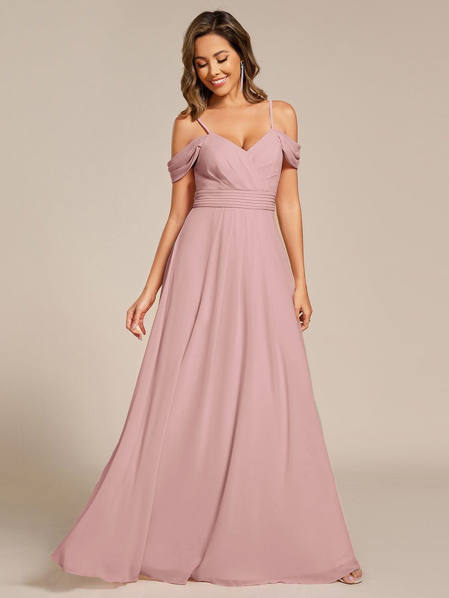 Robe d'invité de mariage trapèze en mousseline fluide à encolure ronde et longueur au genou #Couleur_Rose fumee