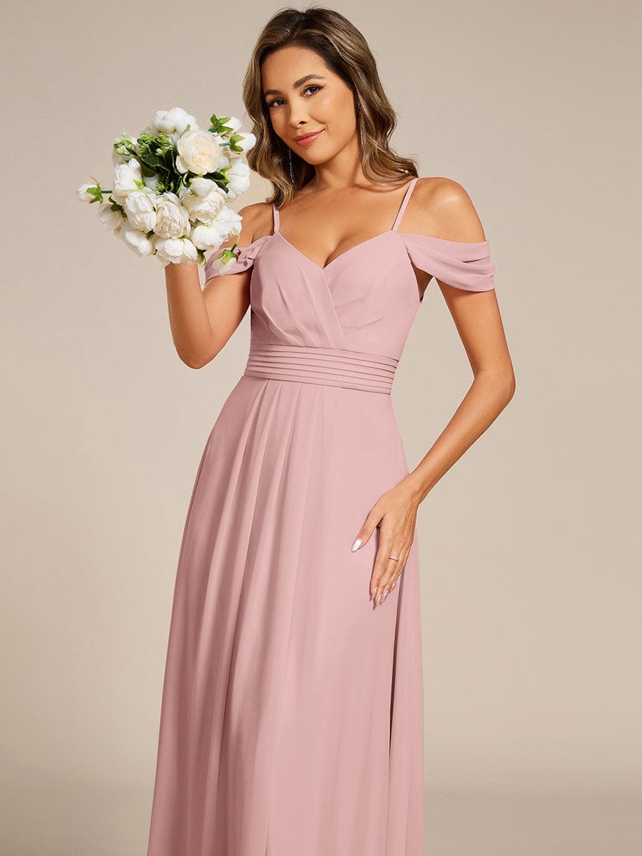 Robe d'invité de mariage trapèze en mousseline fluide à encolure ronde et longueur au genou #Couleur_Rose fumee