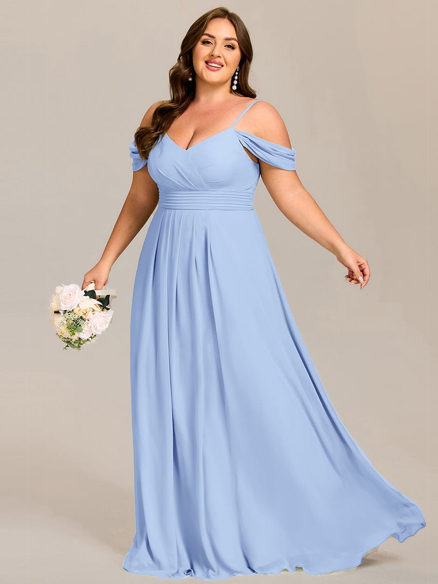 Robe d'invité de mariage trapèze en mousseline fluide à encolure ronde et longueur au genou #Couleur_Bleu Glace