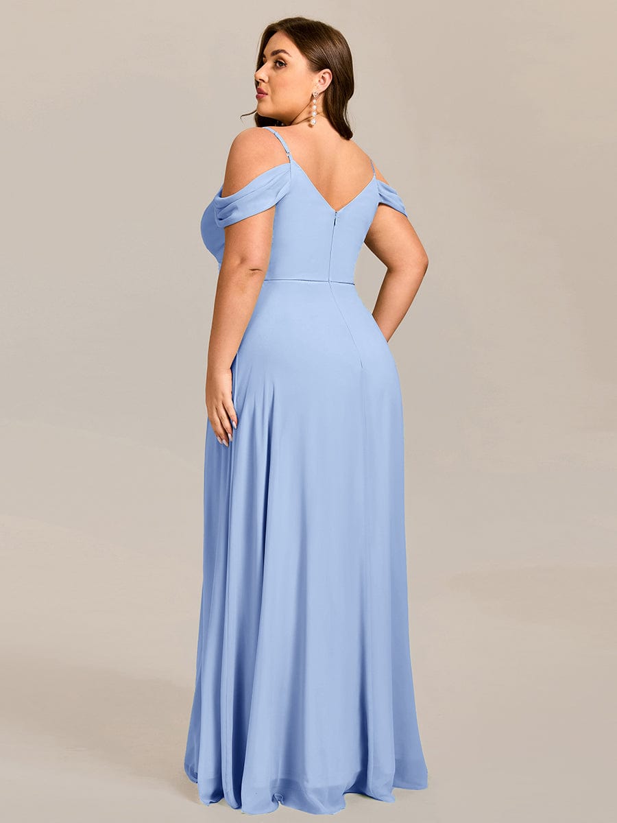 Robe d'invité de mariage trapèze en mousseline fluide à encolure ronde et longueur au genou #Couleur_Bleu Glace