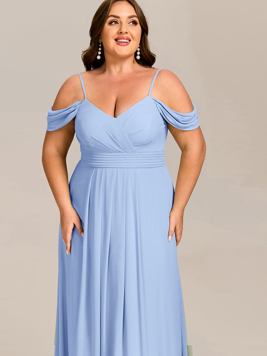 Robe d'invité de mariage trapèze en mousseline fluide à encolure ronde et longueur au genou #Couleur_Bleu Glace