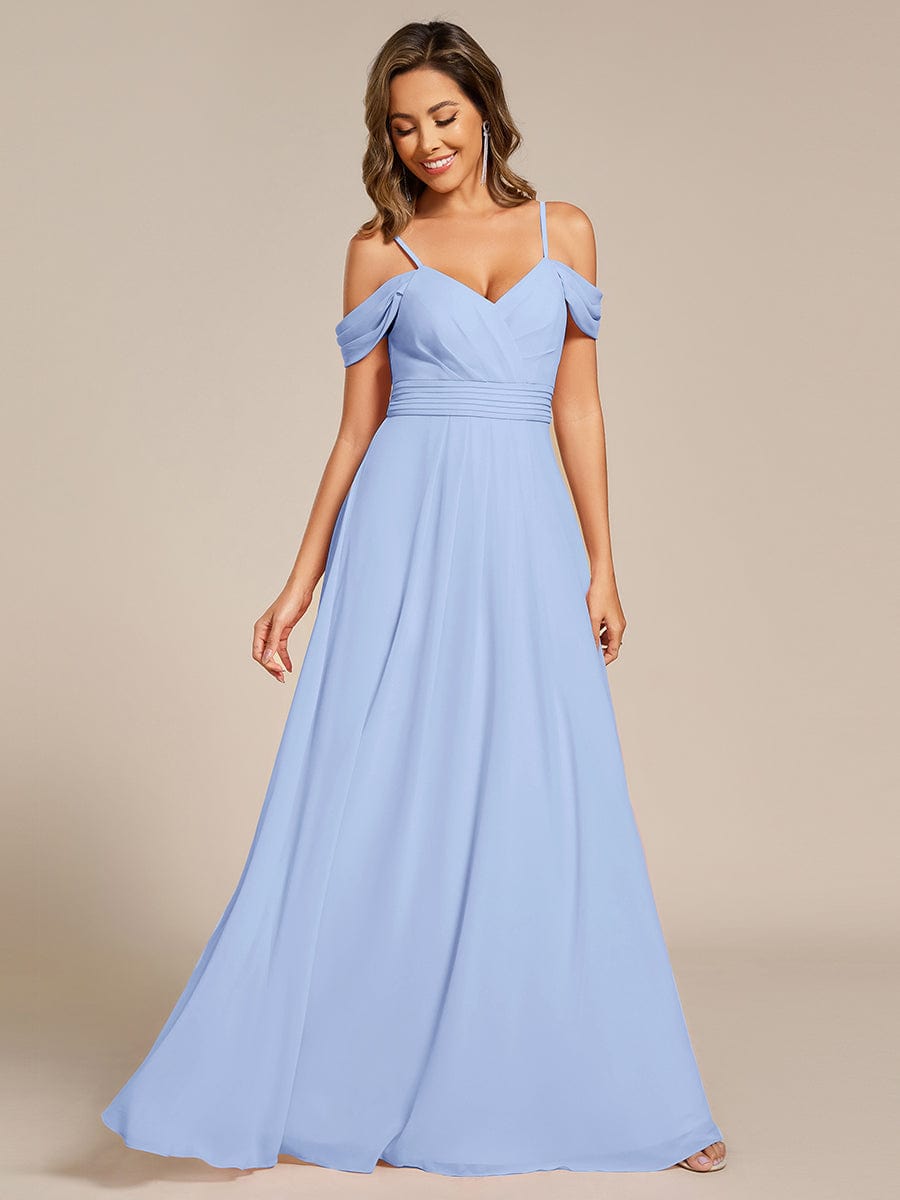Robe d'invité de mariage trapèze en mousseline fluide à encolure ronde et longueur au genou #Couleur_Bleu Glace