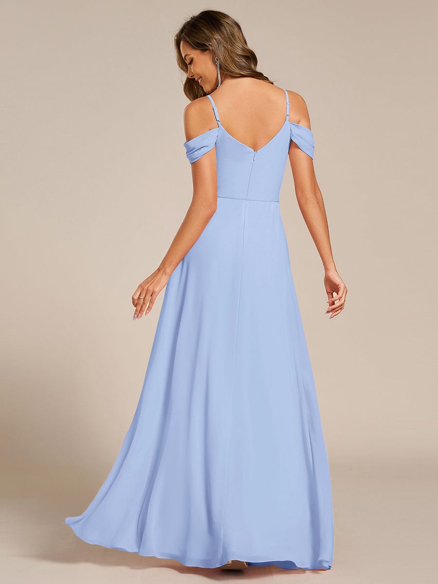 Robe d'invité de mariage trapèze en mousseline fluide à encolure ronde et longueur au genou #Couleur_Bleu Glace