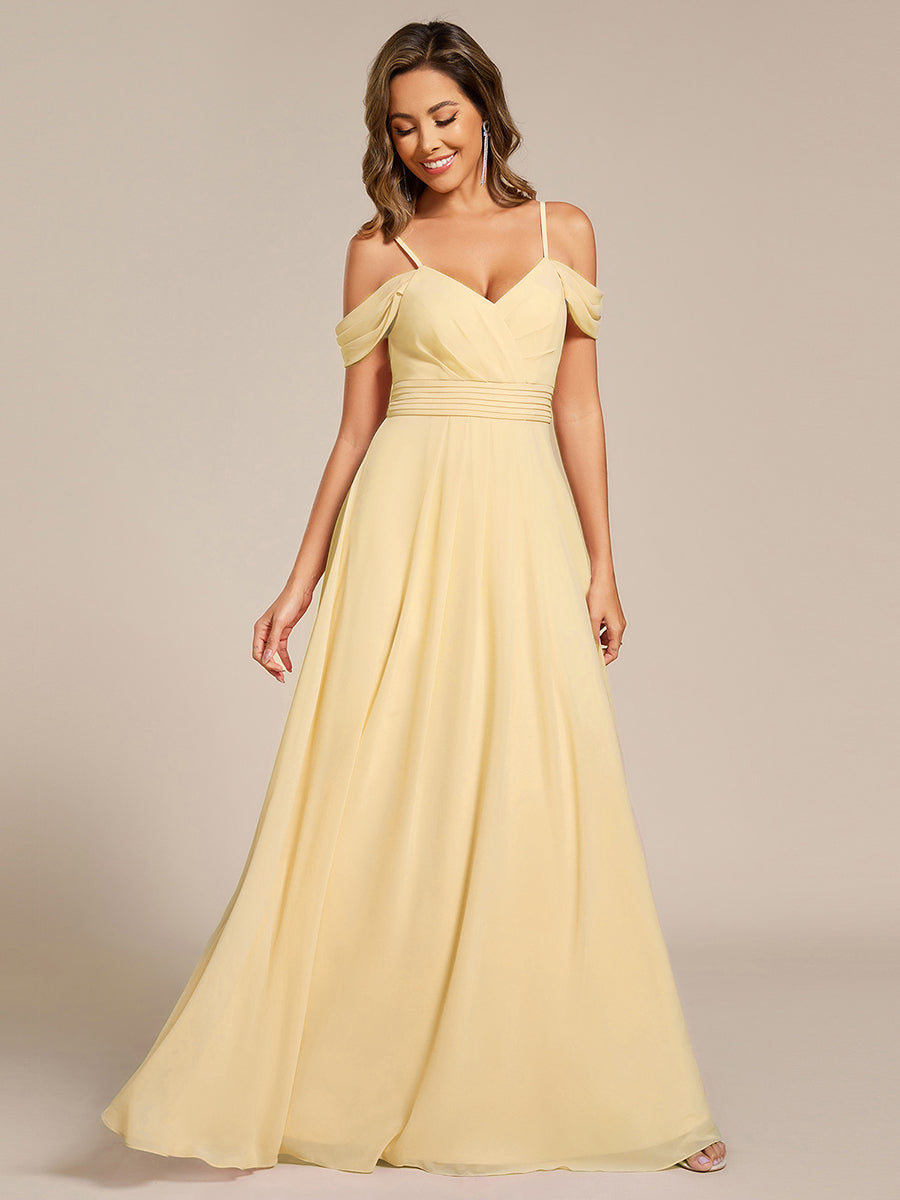 Robe d'invité de mariage trapèze en mousseline fluide à encolure ronde et longueur au genou #Couleur_Jaune