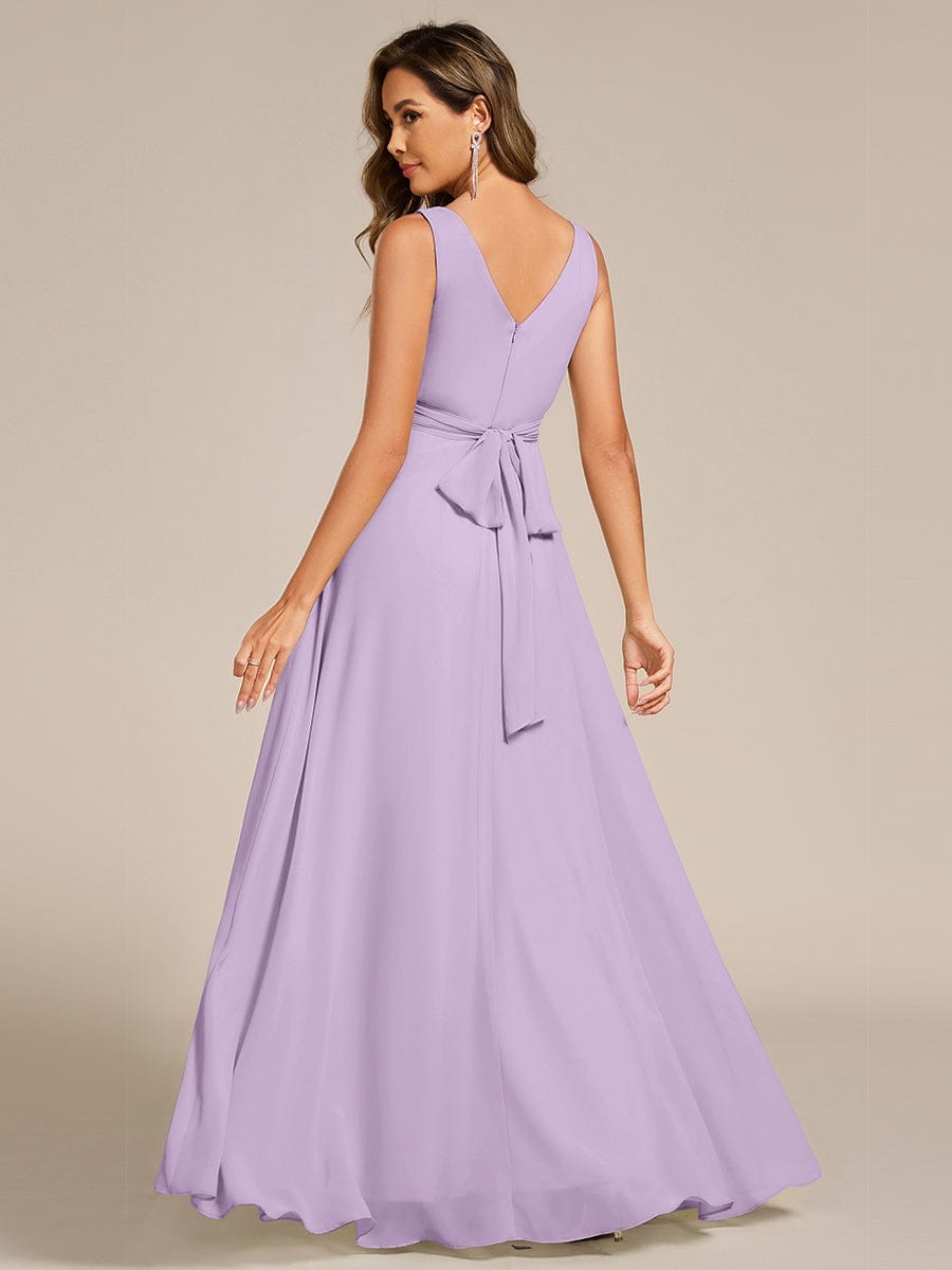 Robe d'invité de mariage trapèze en mousseline fluide à encolure ronde et longueur au genou #Couleur_Lilas Givré