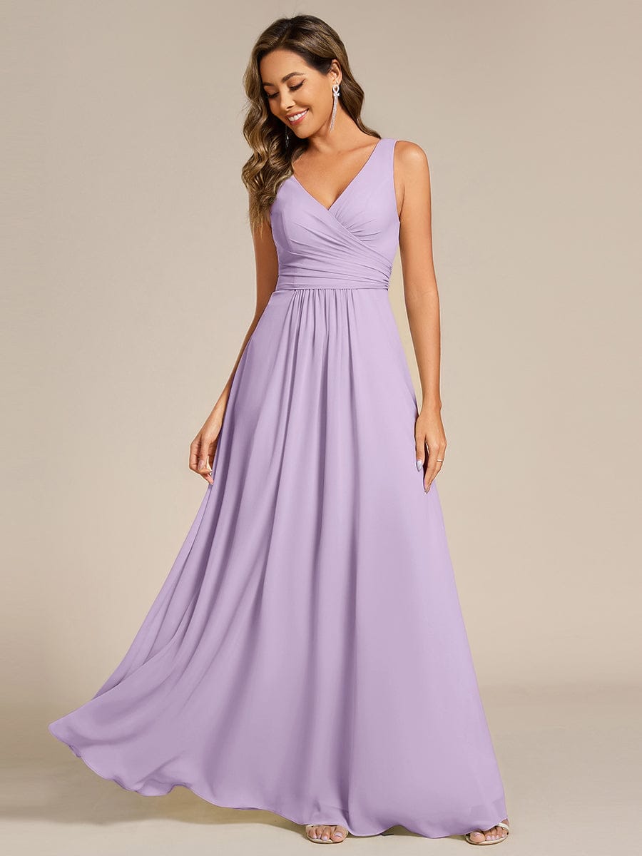 Robe d'invité de mariage trapèze en mousseline fluide à encolure ronde et longueur au genou #Couleur_Lilas Givré