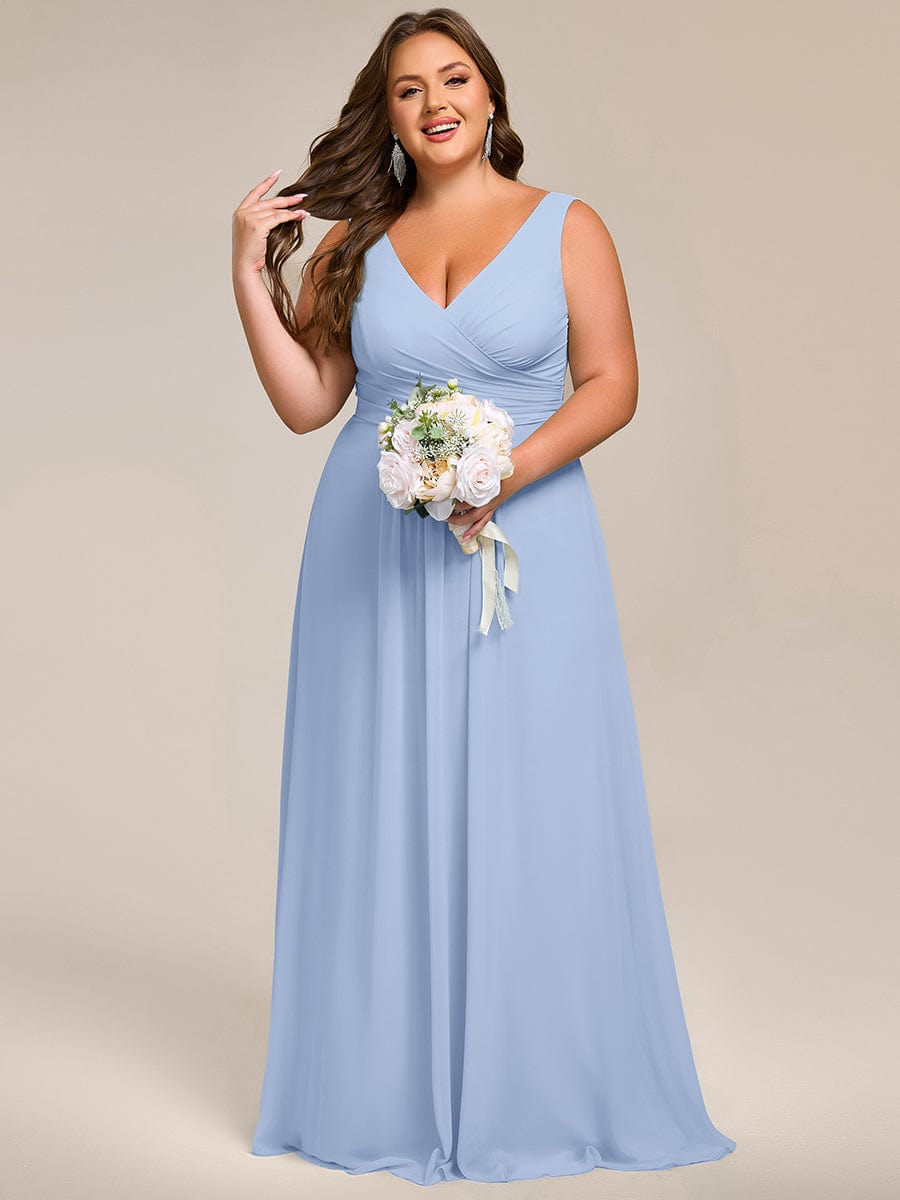 Robe d'invité de mariage trapèze en mousseline fluide à encolure ronde et longueur au genou #Couleur_Bleu Glace