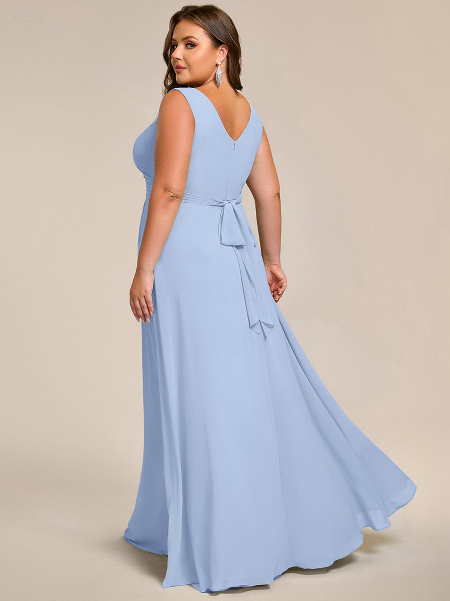 Robe d'invité de mariage trapèze en mousseline fluide à encolure ronde et longueur au genou #Couleur_Bleu Glace