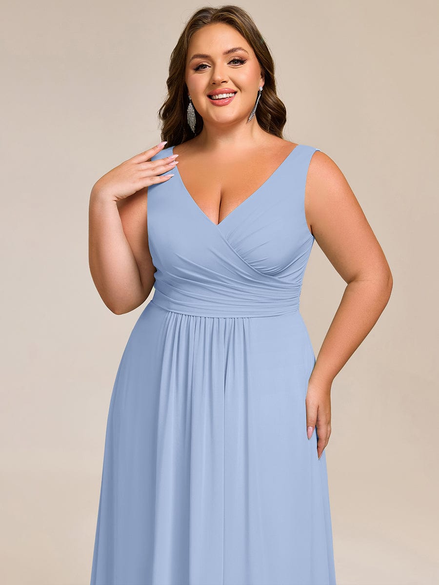 Robe d'invité de mariage trapèze en mousseline fluide à encolure ronde et longueur au genou #Couleur_Bleu Glace