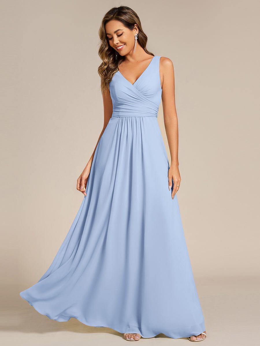 Robe d'invité de mariage trapèze en mousseline fluide à encolure ronde et longueur au genou #Couleur_Bleu Glace