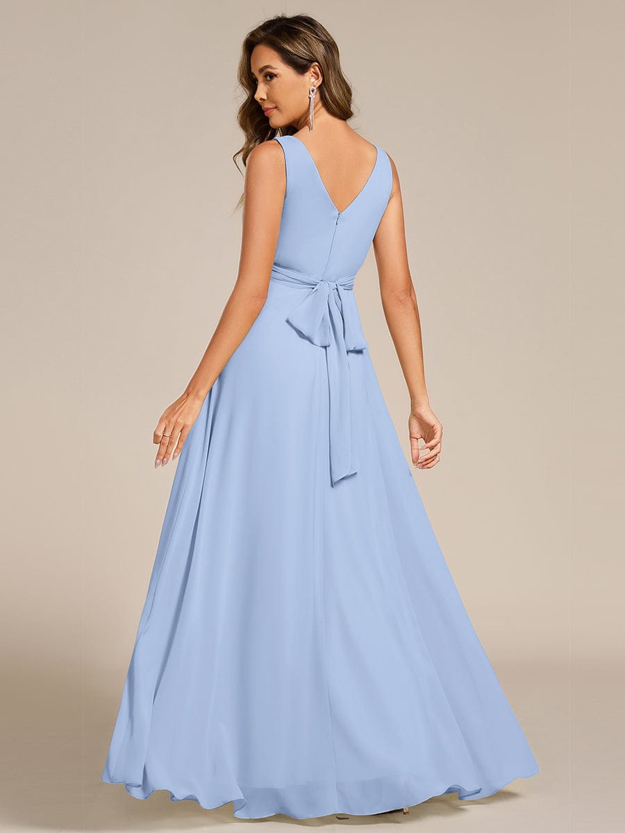 Robe d'invité de mariage trapèze en mousseline fluide à encolure ronde et longueur au genou #Couleur_Bleu Glace