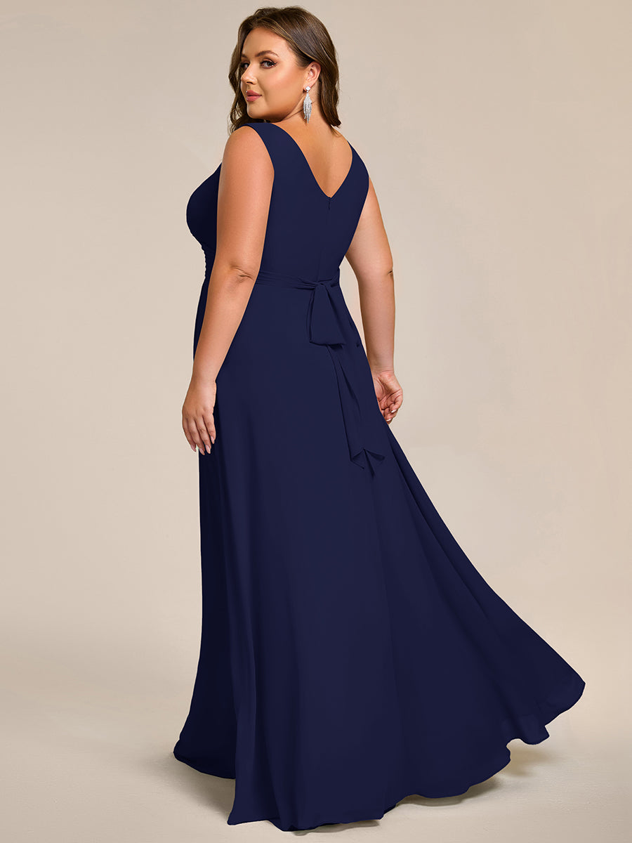 Robe d'invité de mariage trapèze en mousseline fluide à encolure ronde et longueur au genou #Couleur_Bleu Marine