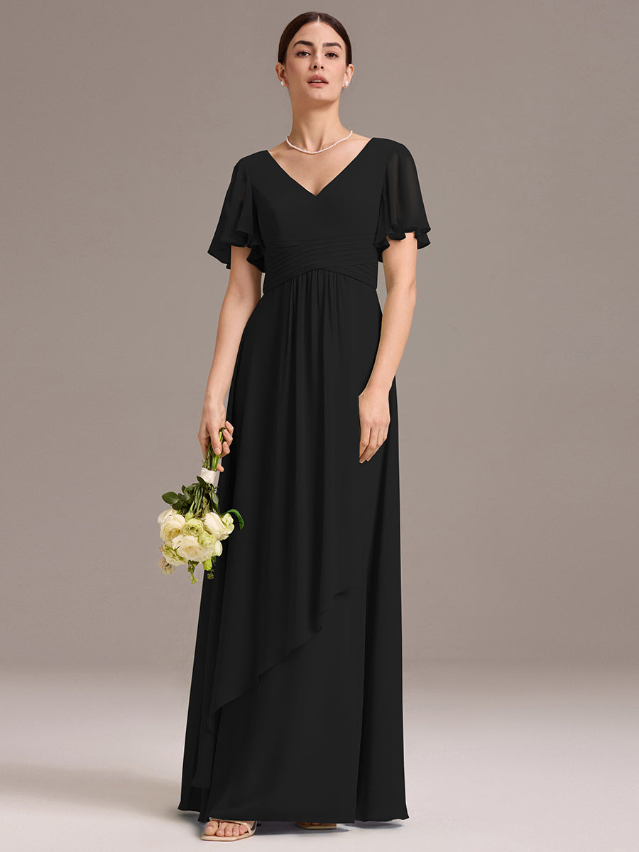 Robe de demoiselle d'honneur en mousseline à col en V et ourlet asymétrique #Couleur_Noir