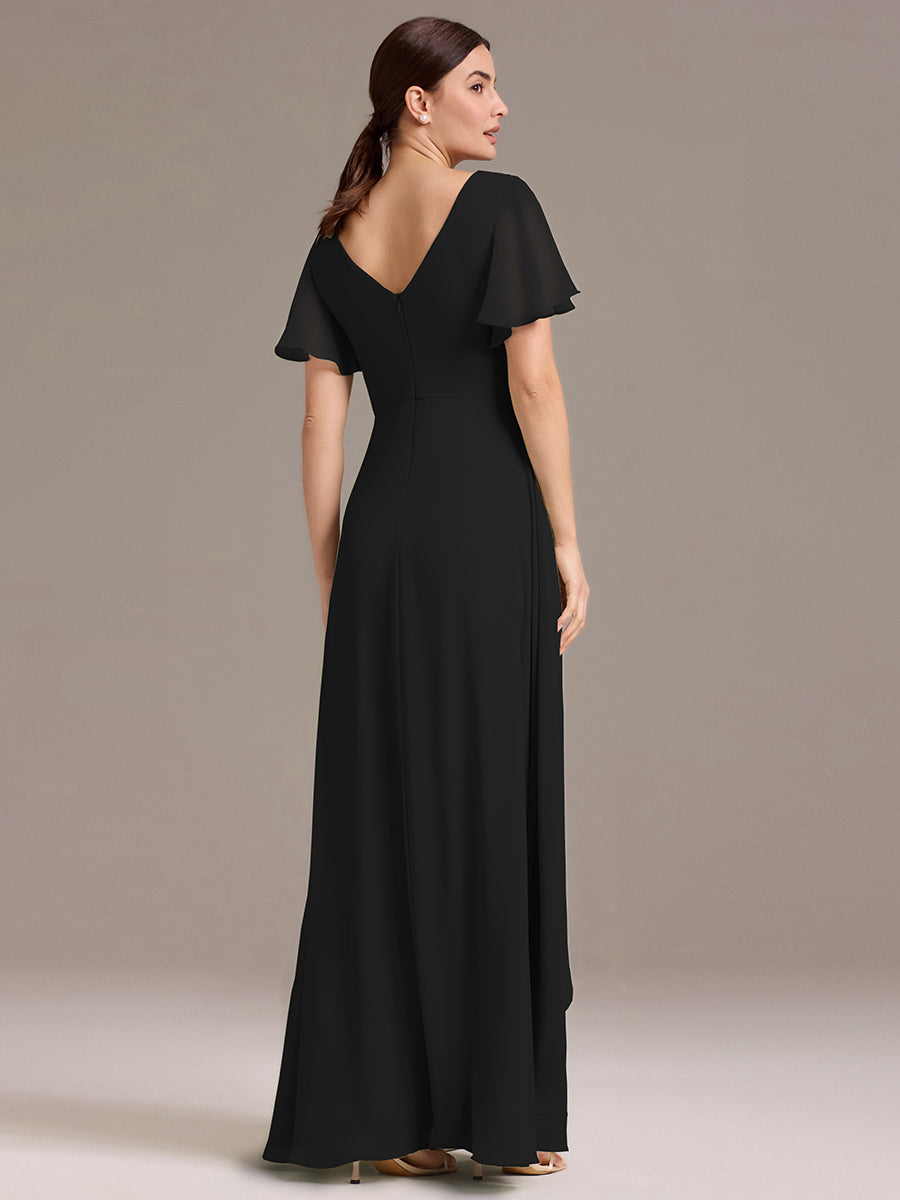 Robe de demoiselle d'honneur en mousseline à col en V et ourlet asymétrique #Couleur_Noir