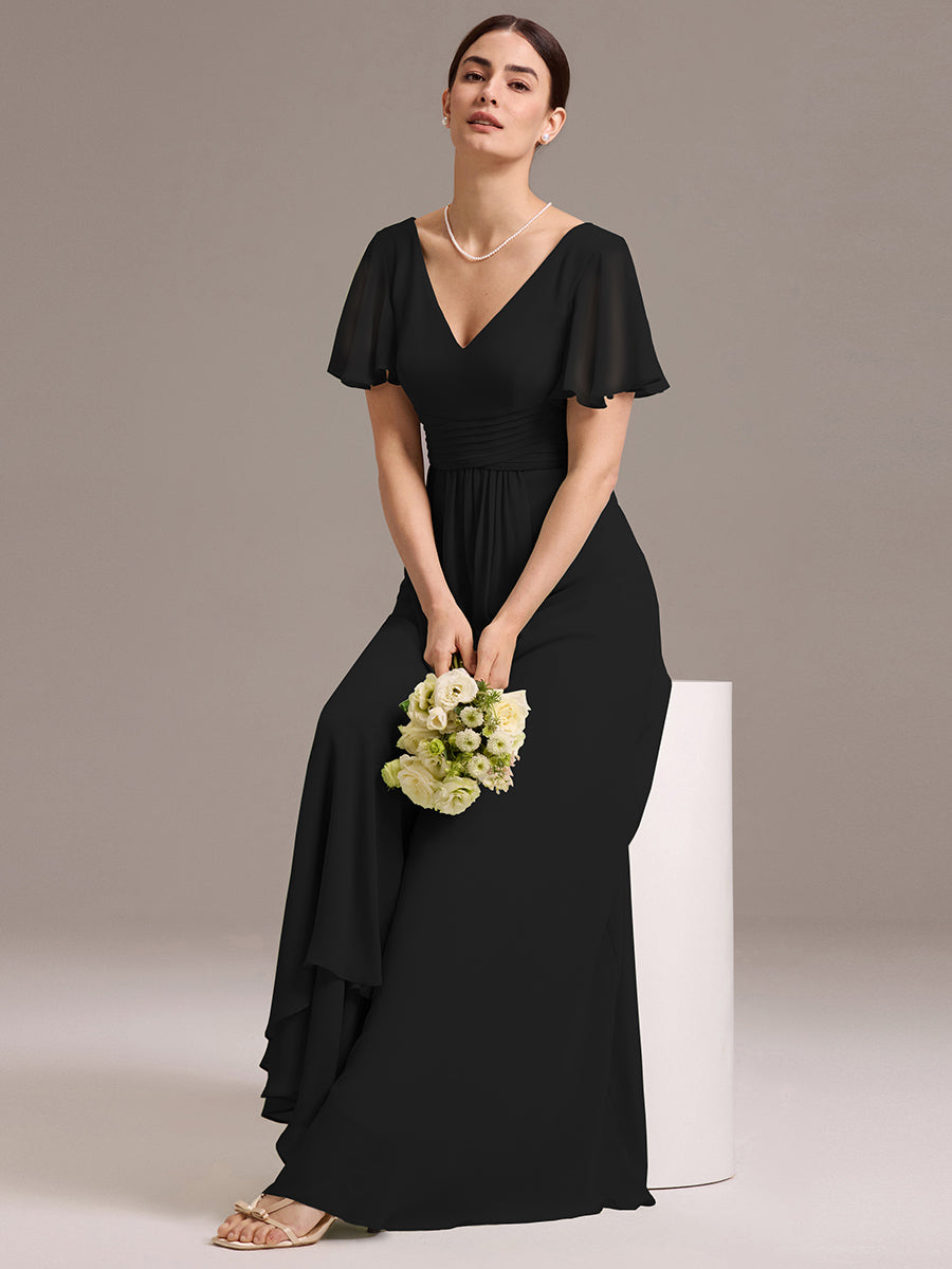Robe de demoiselle d'honneur en mousseline à col en V et ourlet asymétrique #Couleur_Noir