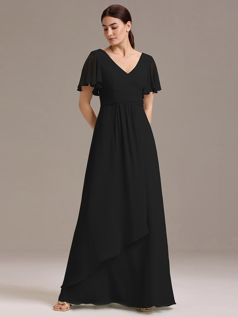 Robe de demoiselle d'honneur en mousseline à col en V et ourlet asymétrique #Couleur_Noir