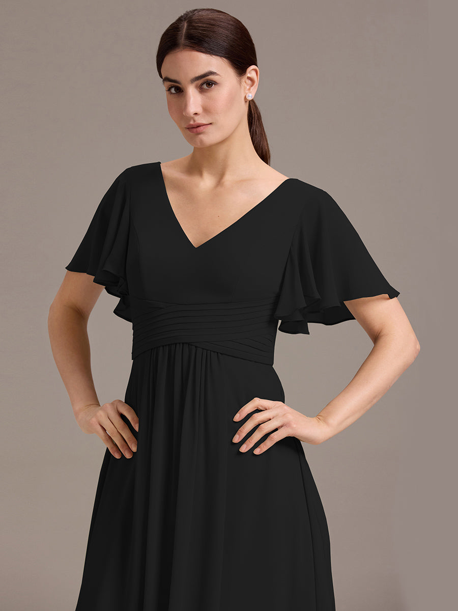 Robe de demoiselle d'honneur en mousseline à col en V et ourlet asymétrique #Couleur_Noir