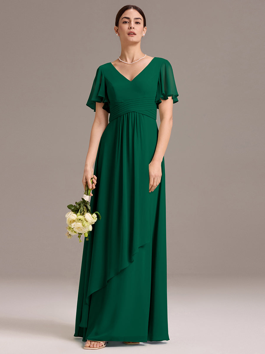 Robe de demoiselle d'honneur en mousseline à col en V et ourlet asymétrique #Couleur_Vert Fonce