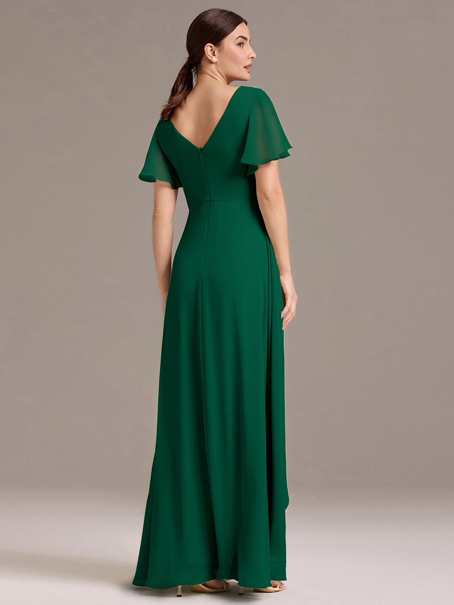 Robe de demoiselle d'honneur en mousseline à col en V et ourlet asymétrique #Couleur_Vert Fonce