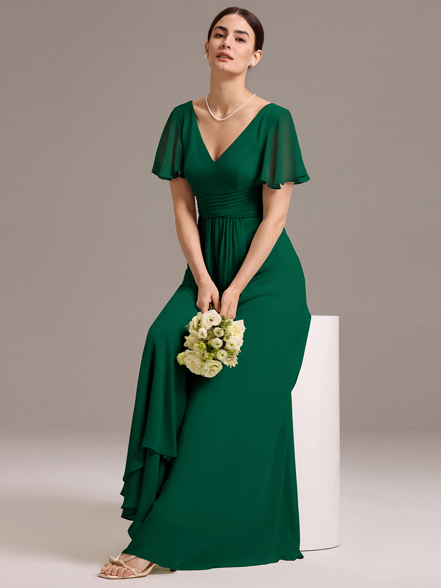 Robe de demoiselle d'honneur en mousseline à col en V et ourlet asymétrique #Couleur_Vert Fonce
