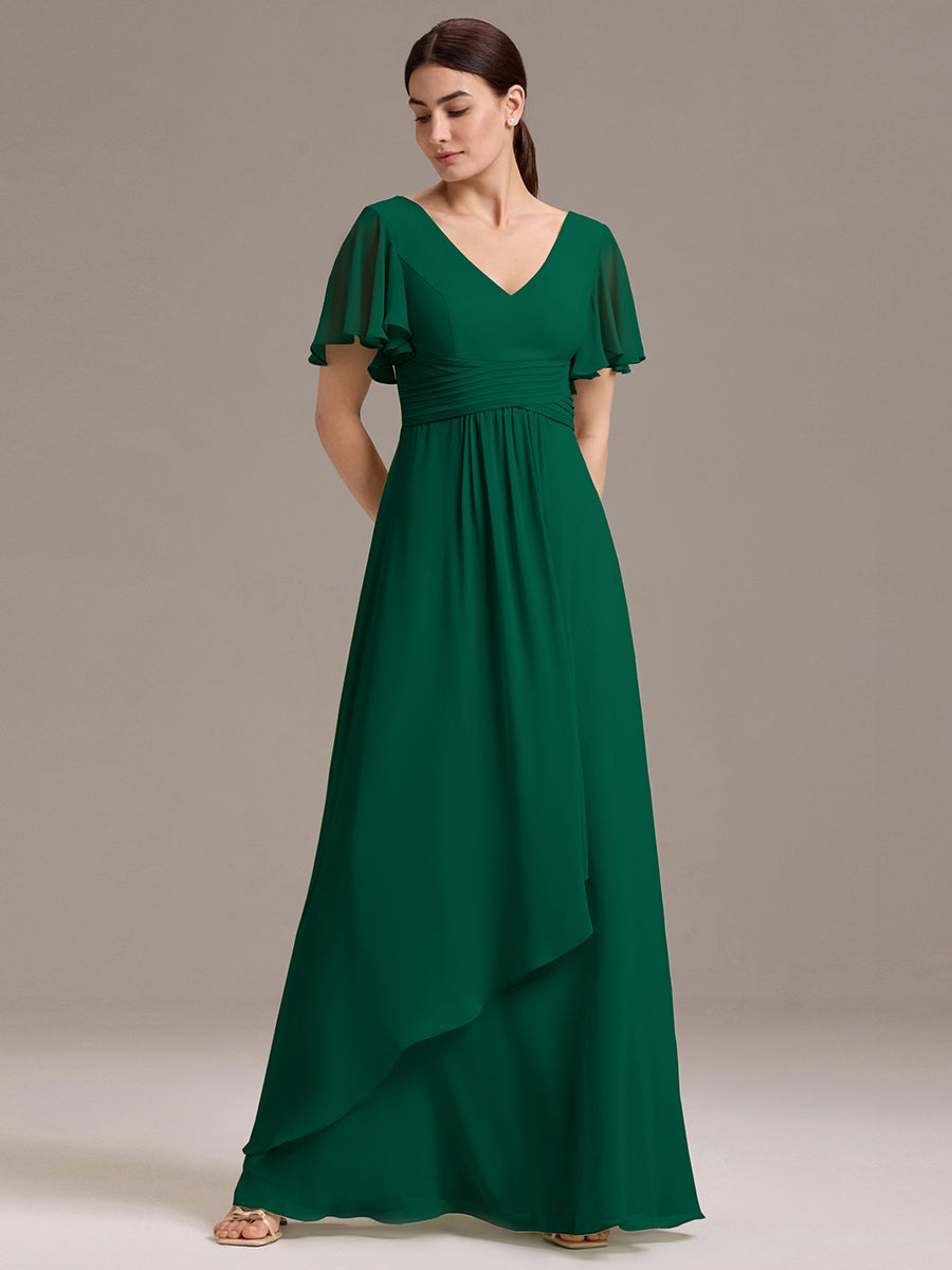 Robe de demoiselle d'honneur en mousseline à col en V et ourlet asymétrique #Couleur_Vert Fonce