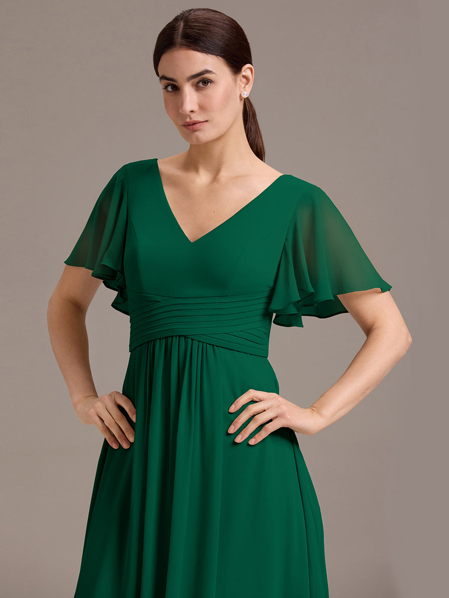 Robe de demoiselle d'honneur en mousseline à col en V et ourlet asymétrique #Couleur_Vert Fonce