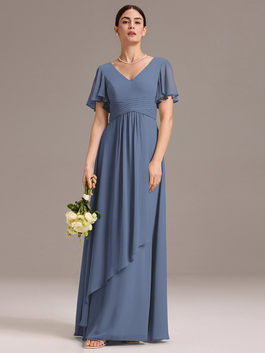 Robe de demoiselle d'honneur en mousseline à col en V et ourlet asymétrique #Couleur_Marine Fume
