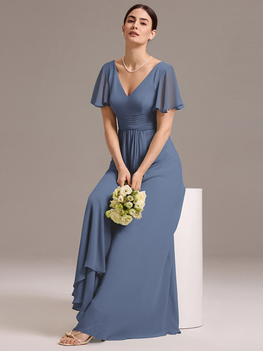 Robe de demoiselle d'honneur en mousseline à col en V et ourlet asymétrique #Couleur_Marine Fume