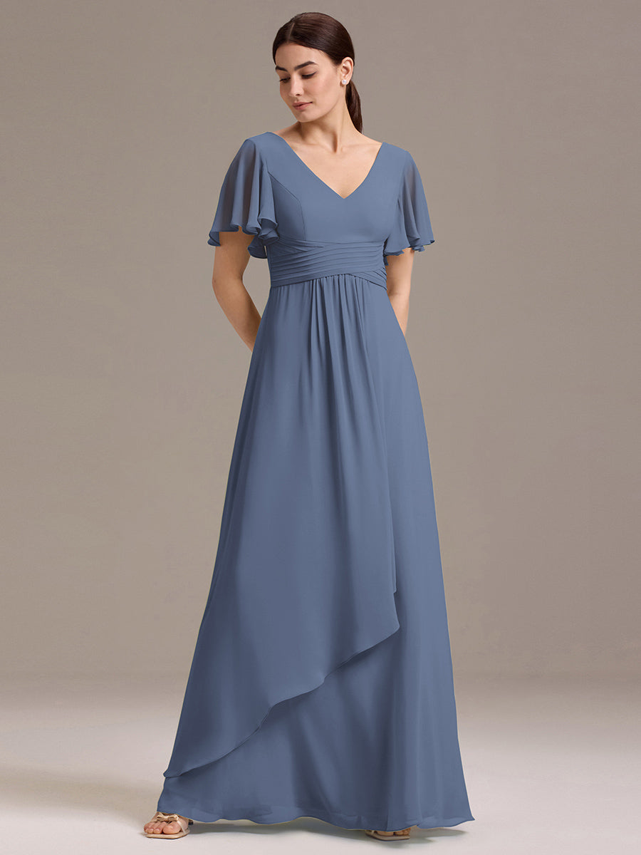 Robe de demoiselle d'honneur en mousseline à col en V et ourlet asymétrique #Couleur_Marine Fume