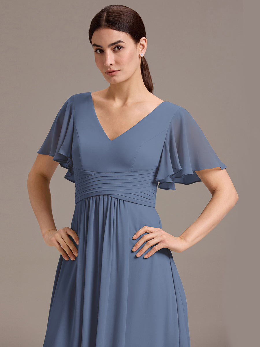 Robe de demoiselle d'honneur en mousseline à col en V et ourlet asymétrique #Couleur_Marine Fume