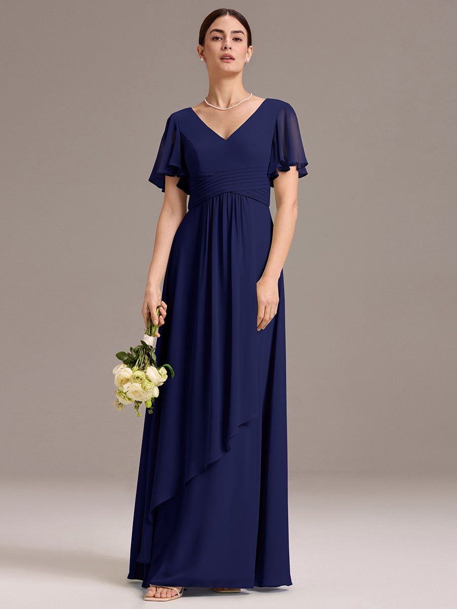Robe de demoiselle d'honneur en mousseline à col en V et ourlet asymétrique #Couleur_Bleu Marine