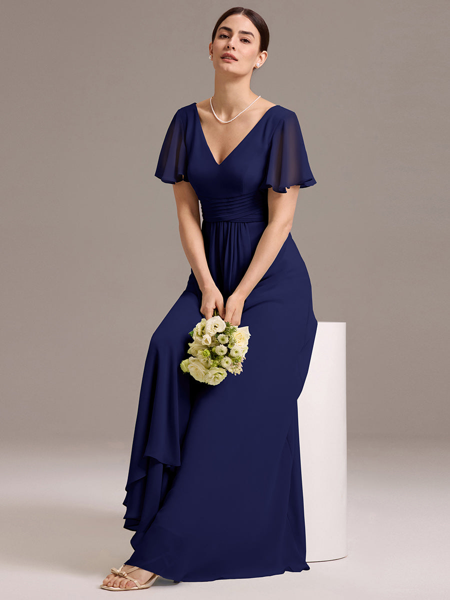 Robe de demoiselle d'honneur en mousseline à col en V et ourlet asymétrique #Couleur_Bleu Marine