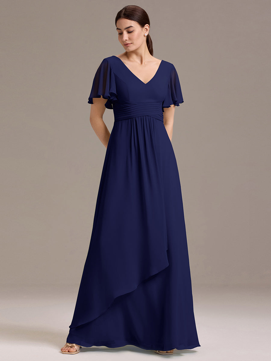 Robe de demoiselle d'honneur en mousseline à col en V et ourlet asymétrique #Couleur_Bleu Marine