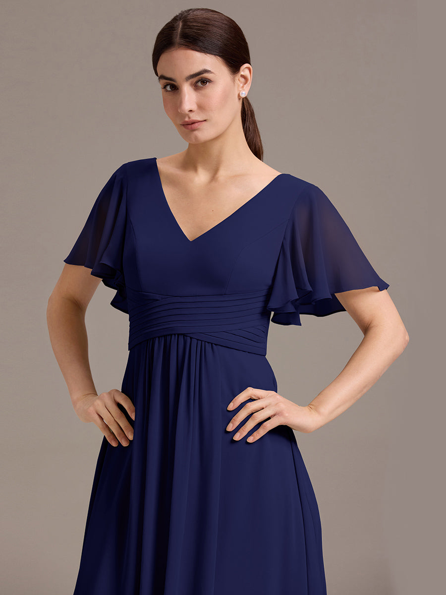 Robe de demoiselle d'honneur en mousseline à col en V et ourlet asymétrique #Couleur_Bleu Marine